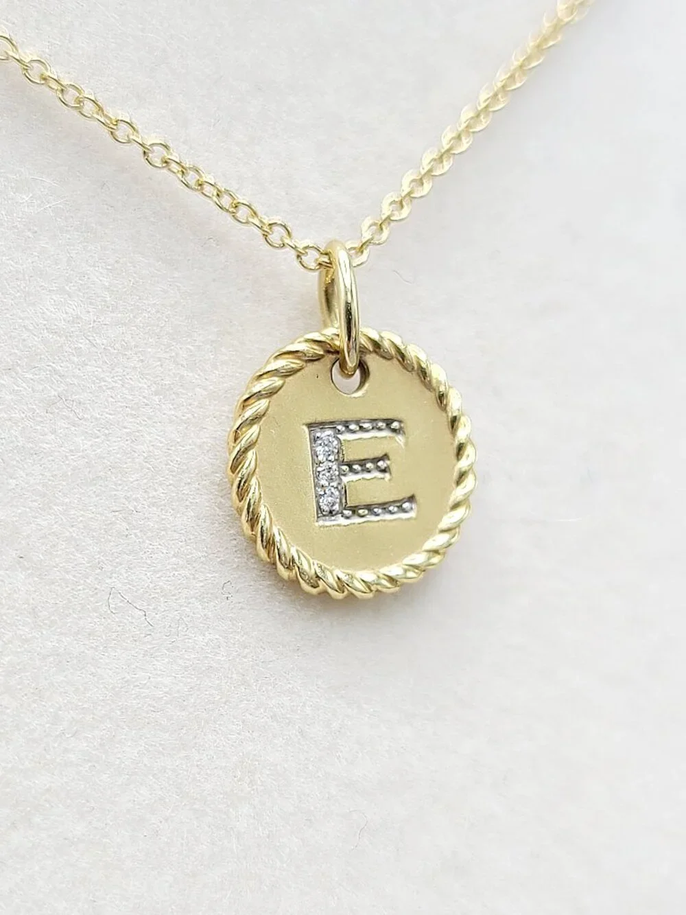David Yurman Initial E Charm Necklace in 18K Yellow Gold w/ Diamonds - 19